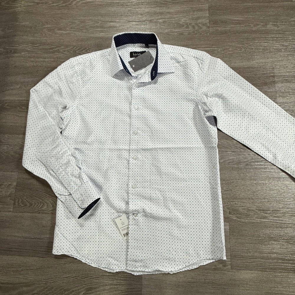 Nicole Miller New York Mens Slim Fit Shirt White Navy Print M 15-15.5 32/33